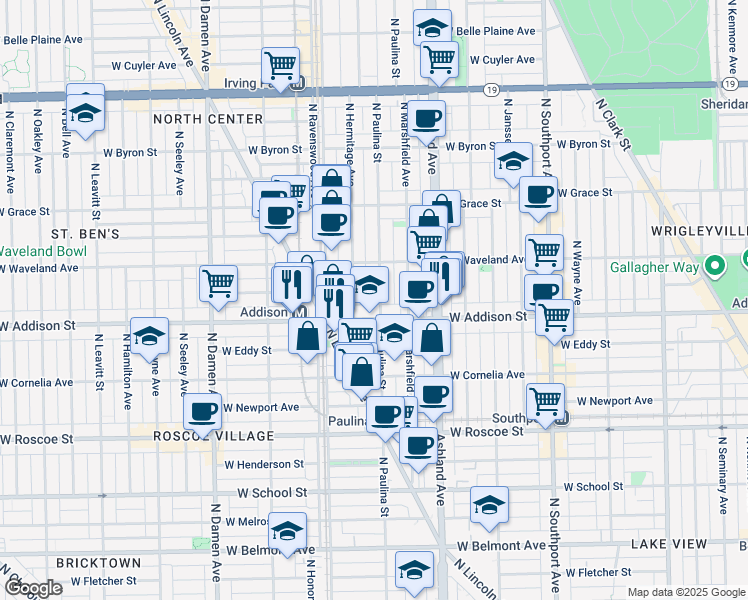 map of restaurants, bars, coffee shops, grocery stores, and more near 3615 North Hermitage Avenue in Chicago