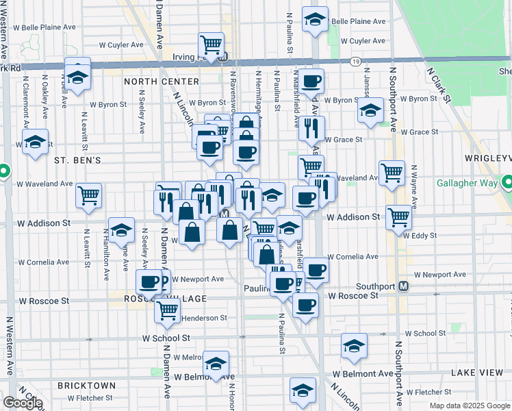 map of restaurants, bars, coffee shops, grocery stores, and more near 3615 North Ravenswood Avenue in Chicago