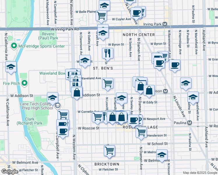 map of restaurants, bars, coffee shops, grocery stores, and more near 3618 North Hamilton Avenue in Chicago