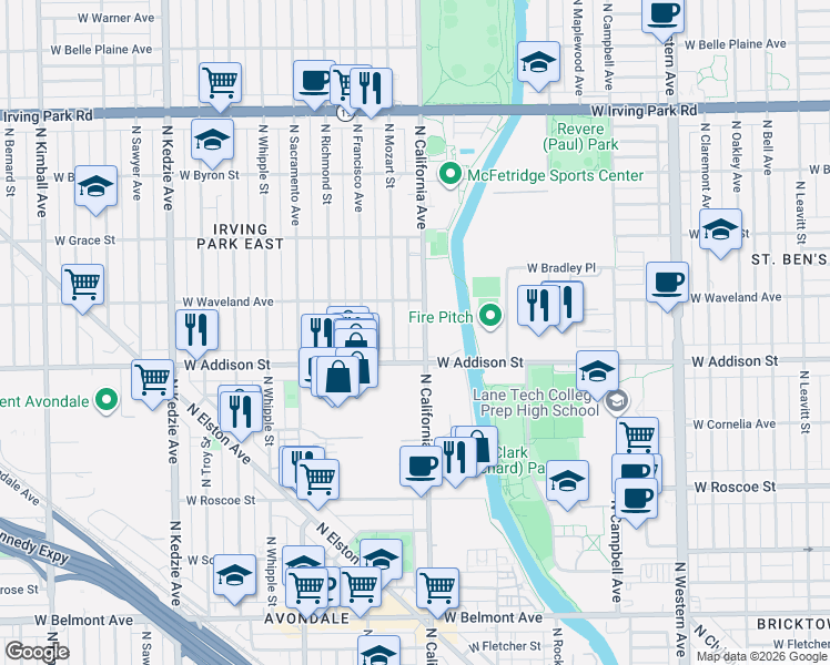 map of restaurants, bars, coffee shops, grocery stores, and more near 3628 North California Avenue in Chicago