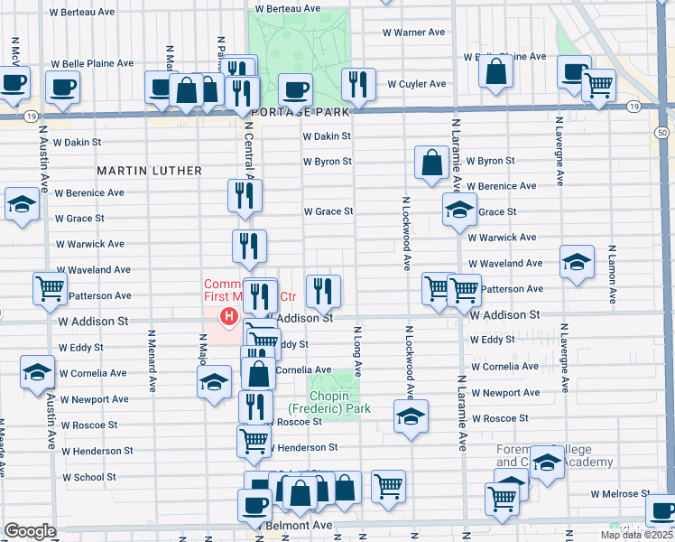 map of restaurants, bars, coffee shops, grocery stores, and more near 3654 North Lotus Avenue in Chicago