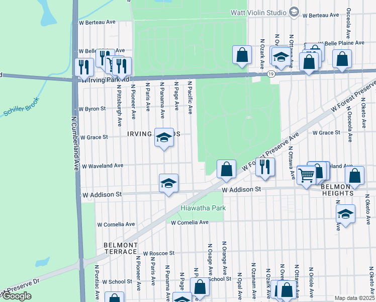 map of restaurants, bars, coffee shops, grocery stores, and more near 3719 North Pacific Avenue in Chicago