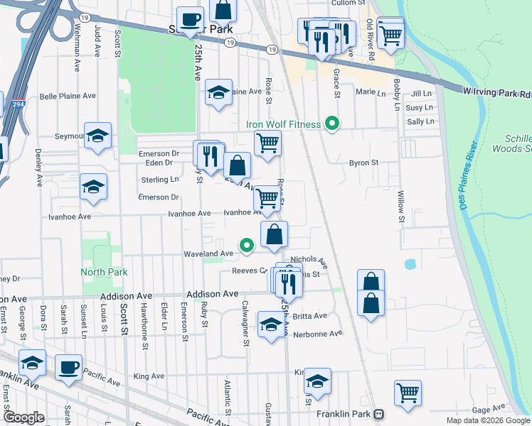 map of restaurants, bars, coffee shops, grocery stores, and more near 3720 Rose Street in Schiller Park