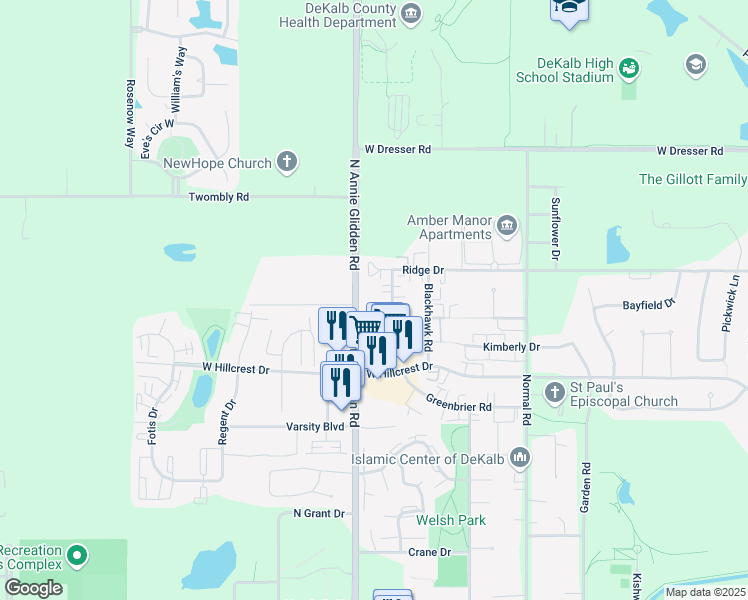 map of restaurants, bars, coffee shops, grocery stores, and more near in DeKalb