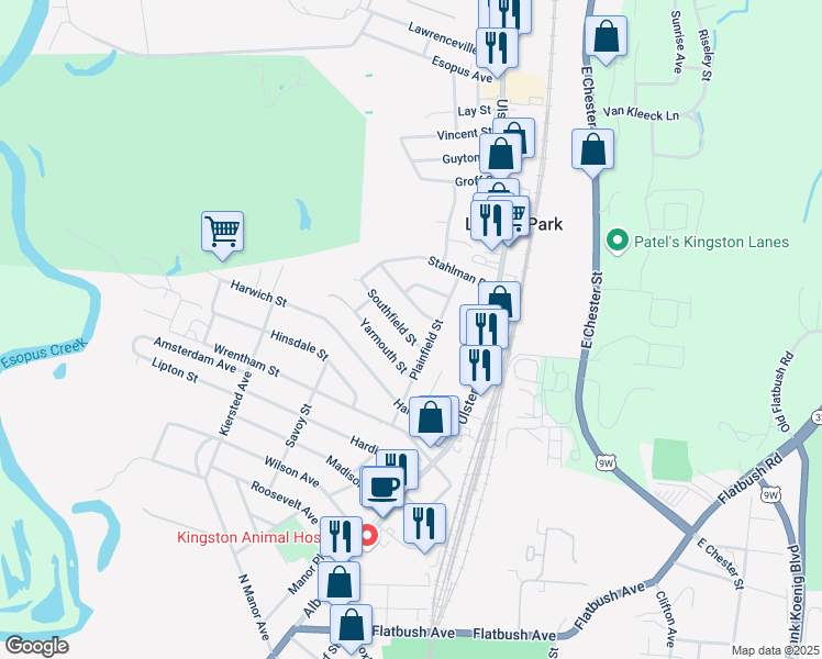 map of restaurants, bars, coffee shops, grocery stores, and more near 72 Southfield St in Kingston