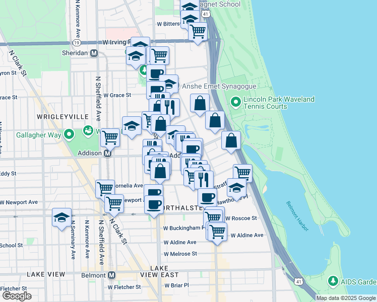 map of restaurants, bars, coffee shops, grocery stores, and more near 638 West Addison Street in Chicago