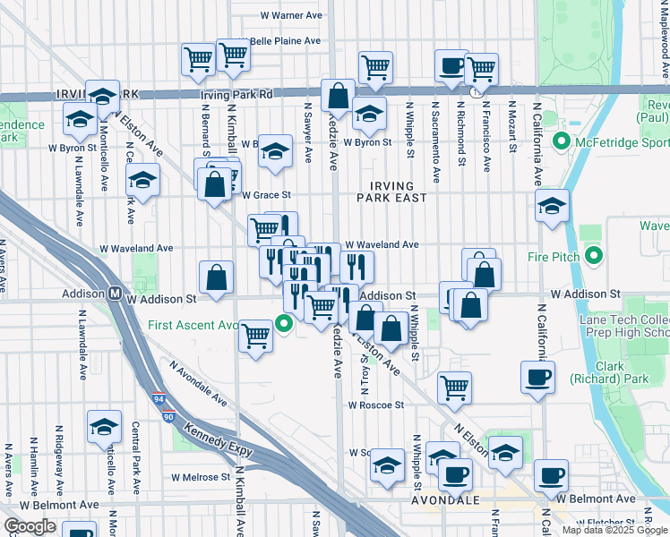 map of restaurants, bars, coffee shops, grocery stores, and more near 3638 North Kedzie Avenue in Chicago