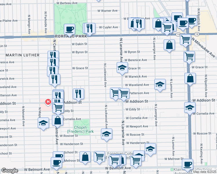 map of restaurants, bars, coffee shops, grocery stores, and more near 5251 West Waveland Avenue in Chicago