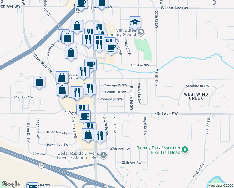 map of restaurants, bars, coffee shops, grocery stores, and more near 3119 Pebble Drive Southwest in Cedar Rapids