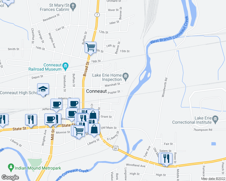 map of restaurants, bars, coffee shops, grocery stores, and more near 144 Poplar Street in Conneaut