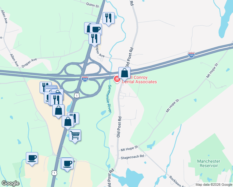 map of restaurants, bars, coffee shops, grocery stores, and more near 513 Old Post Road in North Attleborough