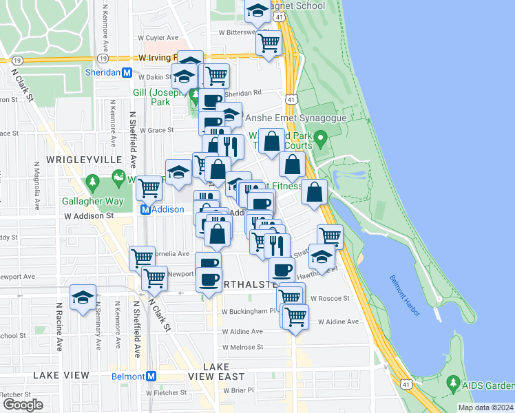 map of restaurants, bars, coffee shops, grocery stores, and more near 632 West Addison Street in Chicago