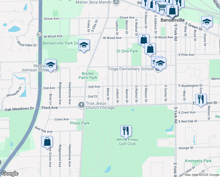 map of restaurants, bars, coffee shops, grocery stores, and more near 401 Miner Street in Bensenville