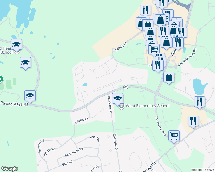 map of restaurants, bars, coffee shops, grocery stores, and more near Sterling Boulevard in Plymouth