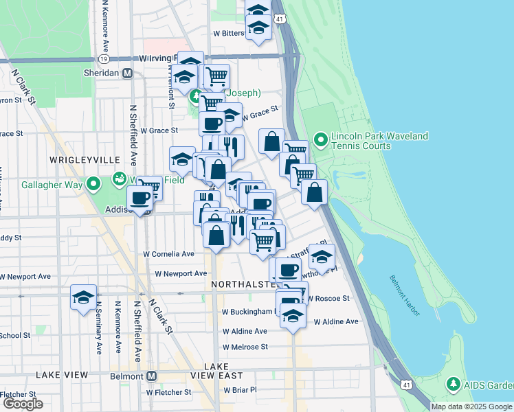 map of restaurants, bars, coffee shops, grocery stores, and more near 632 West Addison Street in Chicago