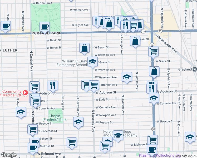 map of restaurants, bars, coffee shops, grocery stores, and more near 5137 West Waveland Avenue in Chicago