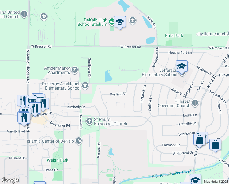 map of restaurants, bars, coffee shops, grocery stores, and more near 631 Bayfield Drive in DeKalb