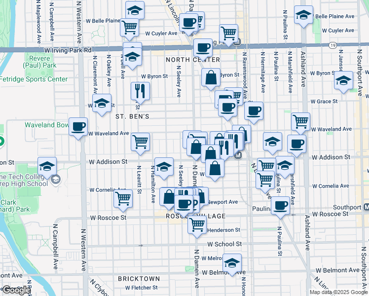 map of restaurants, bars, coffee shops, grocery stores, and more near 3621 North Seeley Avenue in Chicago