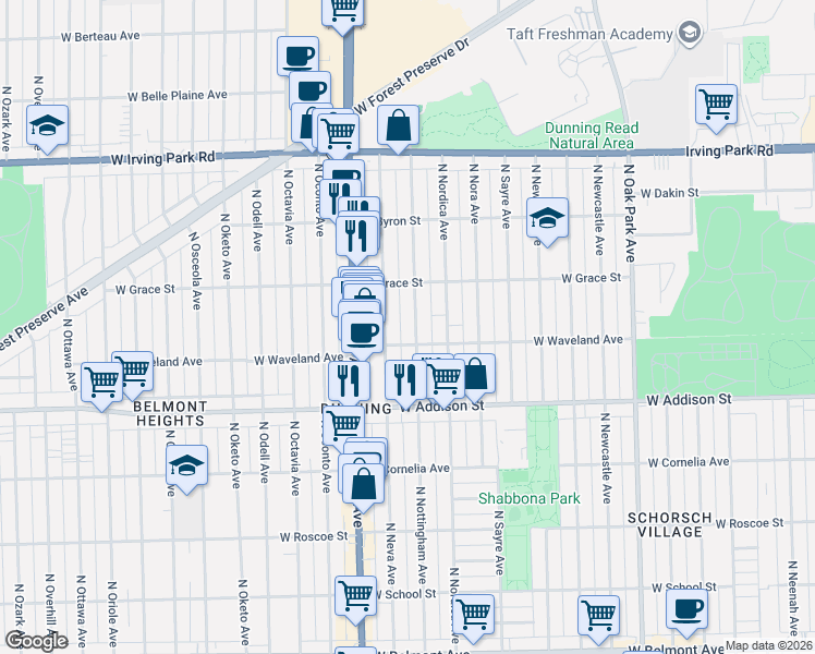 map of restaurants, bars, coffee shops, grocery stores, and more near 3709 North Neva Avenue in Chicago