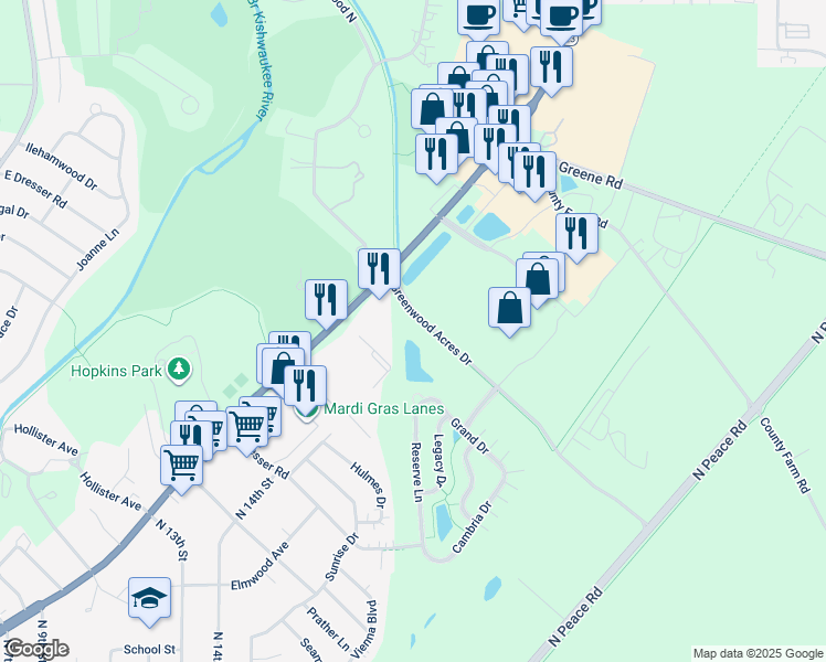 map of restaurants, bars, coffee shops, grocery stores, and more near Greenwood Acres Drive in DeKalb