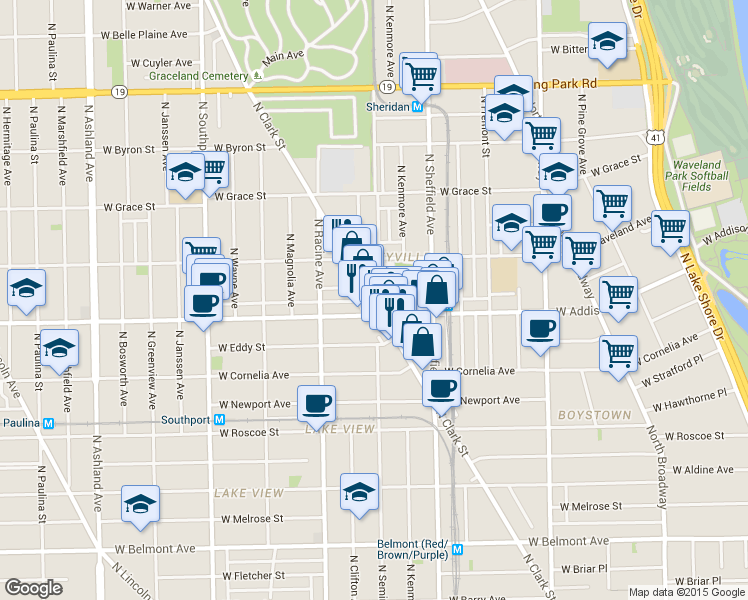 map of restaurants, bars, coffee shops, grocery stores, and more near 1834 N Seminary Ave in Chicago