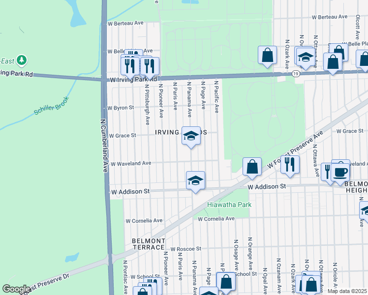 map of restaurants, bars, coffee shops, grocery stores, and more near 3759 North Paris Avenue in Chicago
