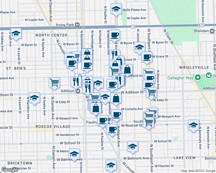 map of restaurants, bars, coffee shops, grocery stores, and more near 3622 North Marshfield Avenue in Chicago