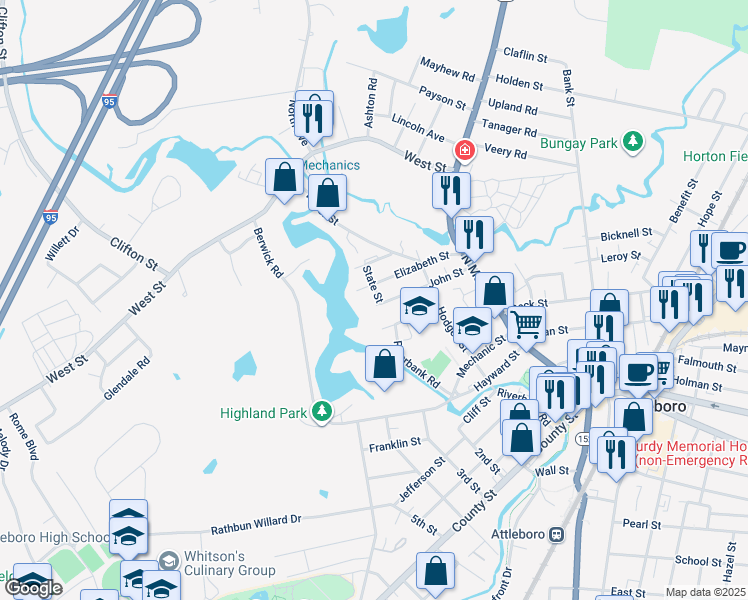map of restaurants, bars, coffee shops, grocery stores, and more near 57 John Street in Attleboro