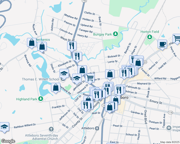 map of restaurants, bars, coffee shops, grocery stores, and more near 12 Peck Street in Attleboro