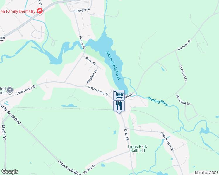 map of restaurants, bars, coffee shops, grocery stores, and more near 178 South Worcester Street in Norton