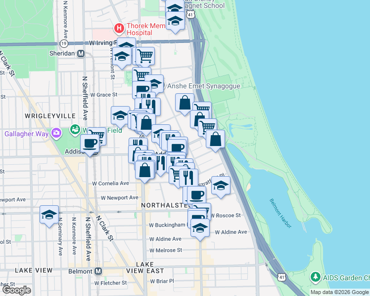 map of restaurants, bars, coffee shops, grocery stores, and more near 631 West Addison Street in Chicago