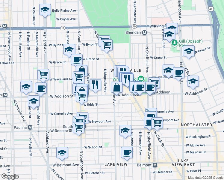 map of restaurants, bars, coffee shops, grocery stores, and more near 1216 West Addison Street in Chicago