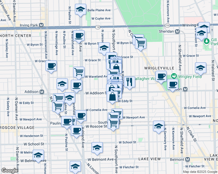 map of restaurants, bars, coffee shops, grocery stores, and more near 1421 West Addison Street in Chicago