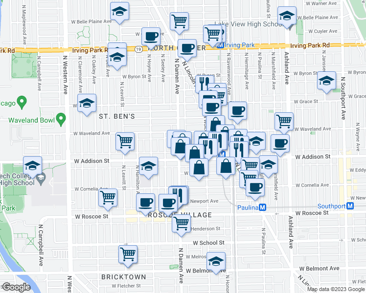map of restaurants, bars, coffee shops, grocery stores, and more near 3619 North Damen Avenue in Chicago
