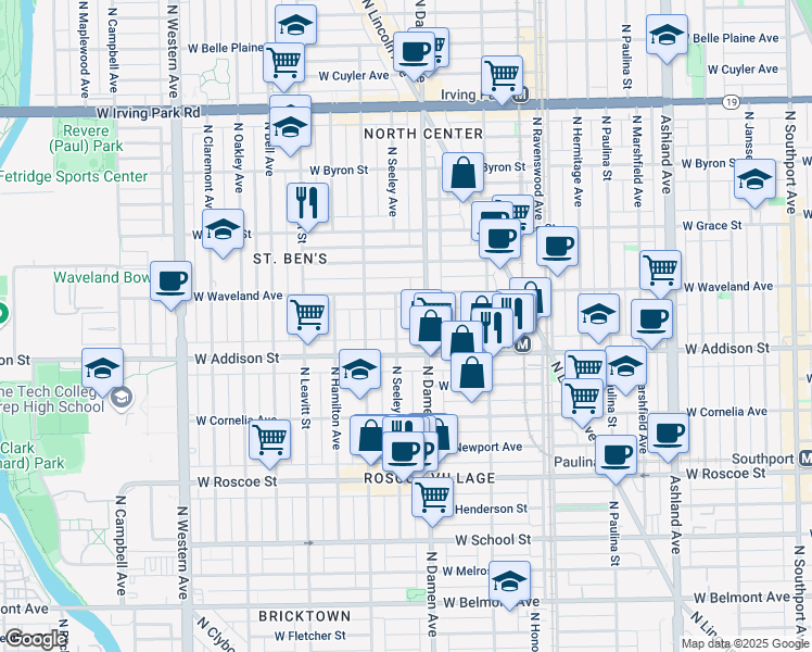 map of restaurants, bars, coffee shops, grocery stores, and more near 3621 North Seeley Avenue in Chicago