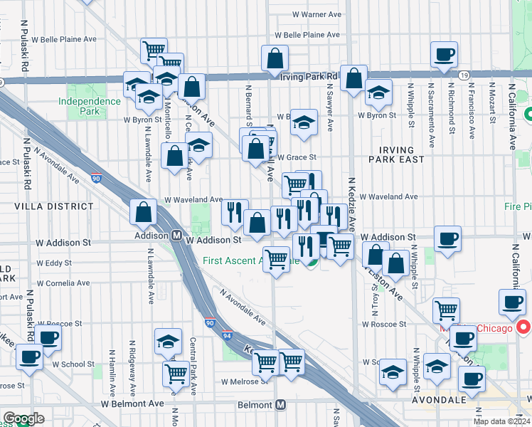 map of restaurants, bars, coffee shops, grocery stores, and more near 3631 North Kimball Avenue in Chicago