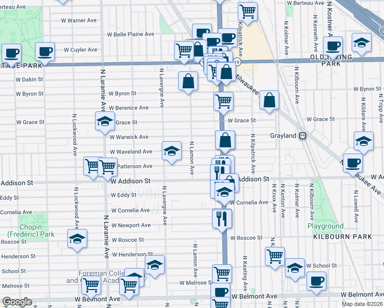 map of restaurants, bars, coffee shops, grocery stores, and more near 3648 North Lamon Avenue in Chicago