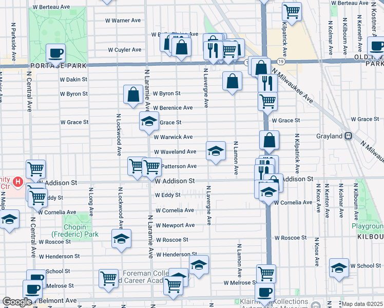 map of restaurants, bars, coffee shops, grocery stores, and more near 5021 West Waveland Avenue in Chicago