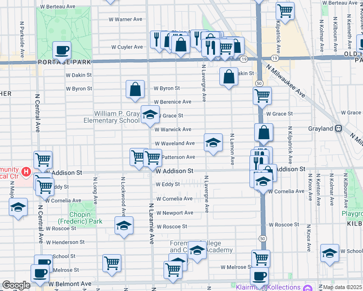 map of restaurants, bars, coffee shops, grocery stores, and more near 3647 North Leclaire Avenue in Chicago