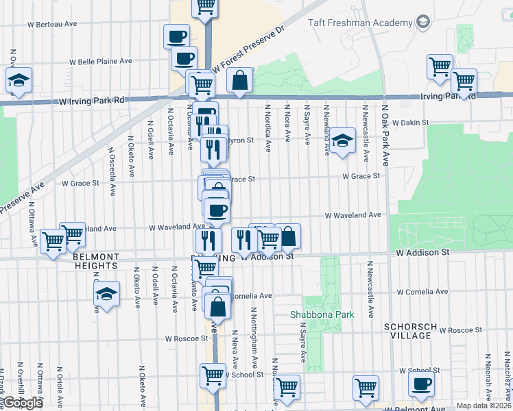 map of restaurants, bars, coffee shops, grocery stores, and more near 3711 North Nottingham Avenue in Chicago