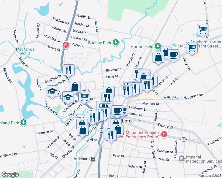 map of restaurants, bars, coffee shops, grocery stores, and more near 53 Peck Street in Attleboro