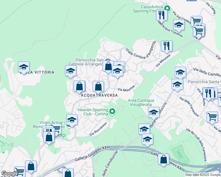 map of restaurants, bars, coffee shops, grocery stores, and more near 4 Via Misurina in Roma