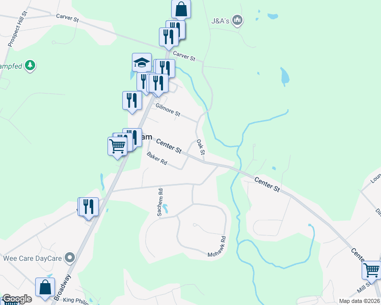 map of restaurants, bars, coffee shops, grocery stores, and more near 130 Center Street in Raynham