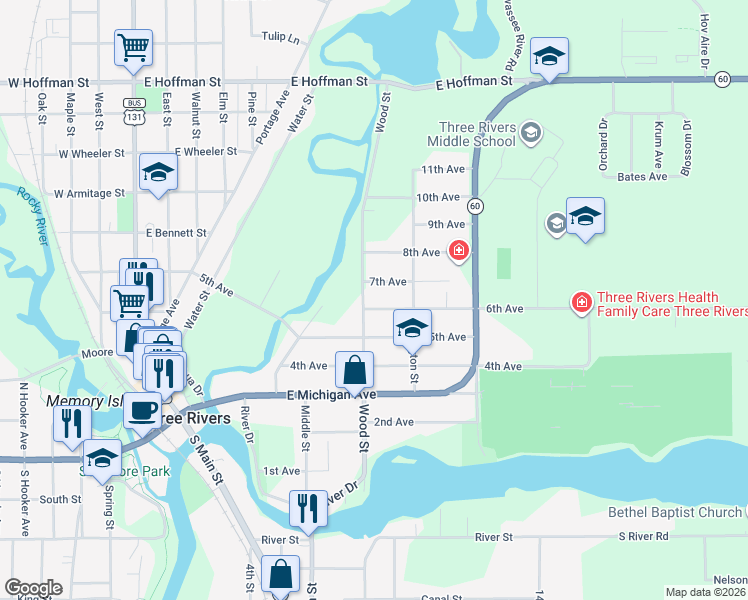 map of restaurants, bars, coffee shops, grocery stores, and more near 306 6th Avenue in Three Rivers