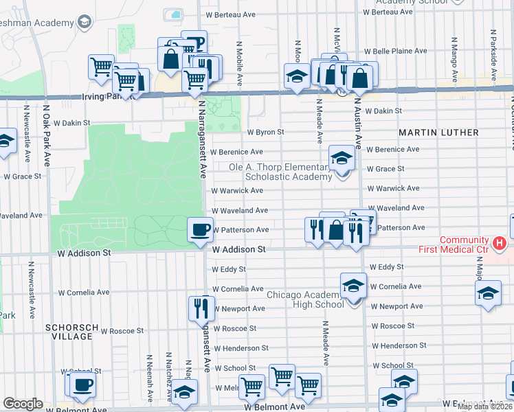 map of restaurants, bars, coffee shops, grocery stores, and more near 6240 West Waveland Avenue in Chicago