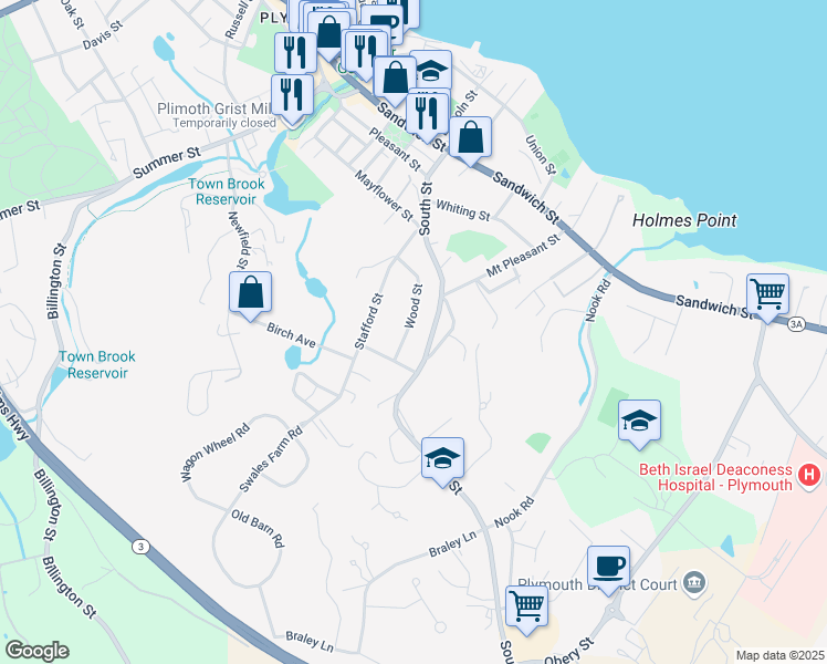map of restaurants, bars, coffee shops, grocery stores, and more near 24 Wood Street in Plymouth