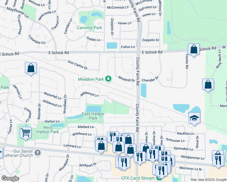 map of restaurants, bars, coffee shops, grocery stores, and more near 1908 Isle Royal Lane in Hanover Park