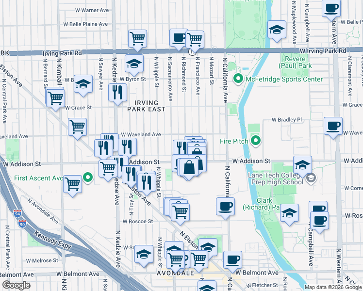 map of restaurants, bars, coffee shops, grocery stores, and more near 3626 North Richmond Street in Chicago