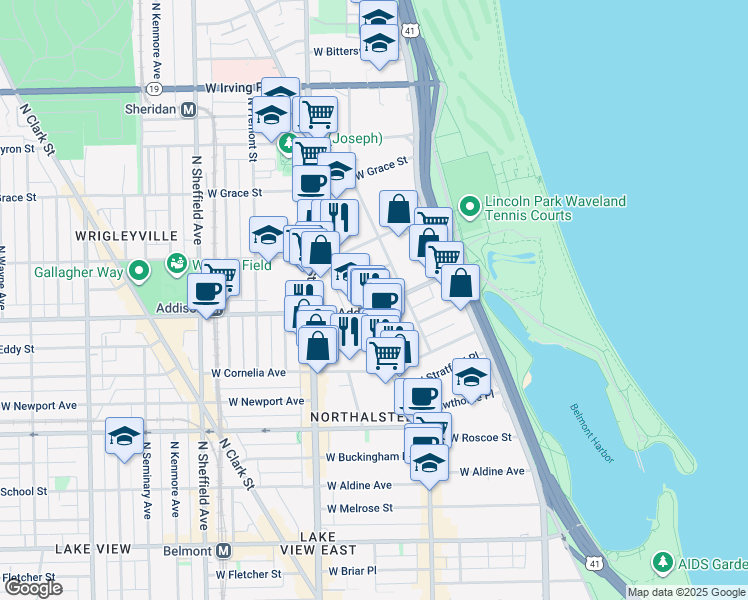 map of restaurants, bars, coffee shops, grocery stores, and more near 636 West Addison Street in Chicago