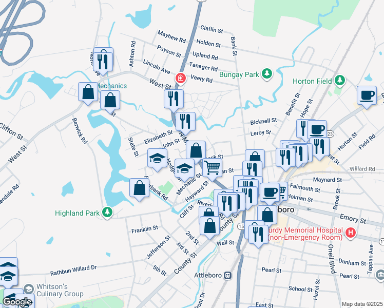 map of restaurants, bars, coffee shops, grocery stores, and more near 140 North Main Street in Attleboro